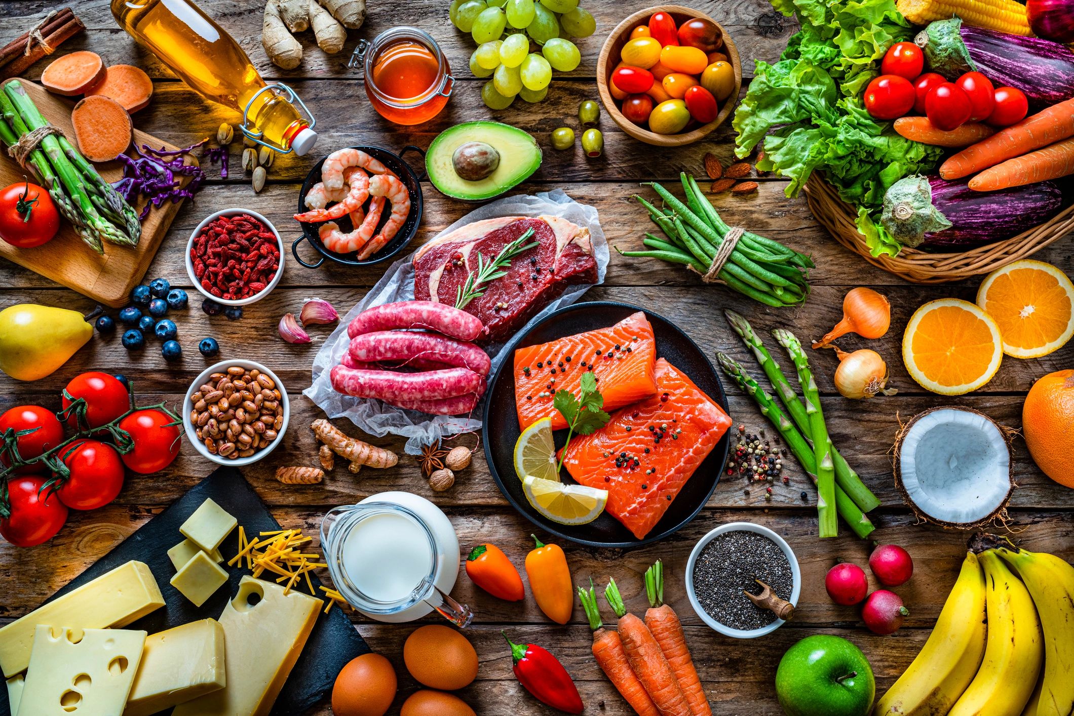 Assortment of whole foods including protein, produce, and healthy fats on a table