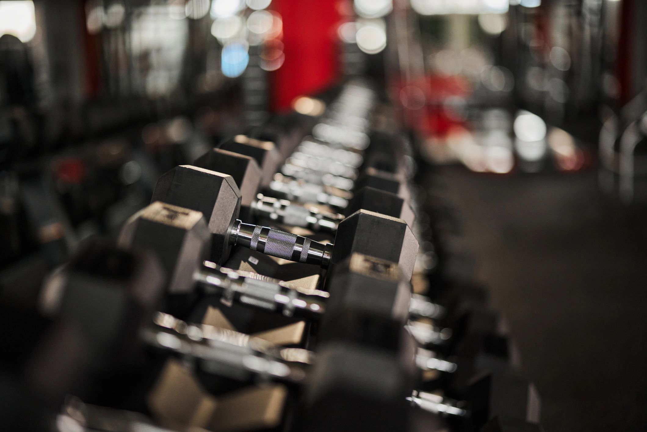 Dumbbells on a rack in a gym.